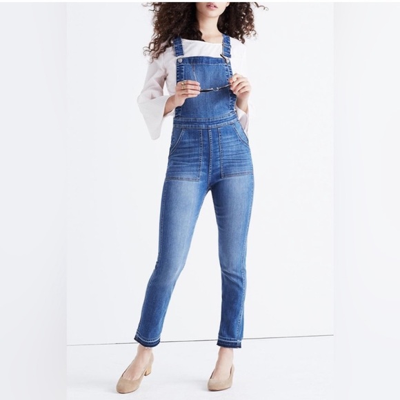 Madewell cross back blue jean denim overalls